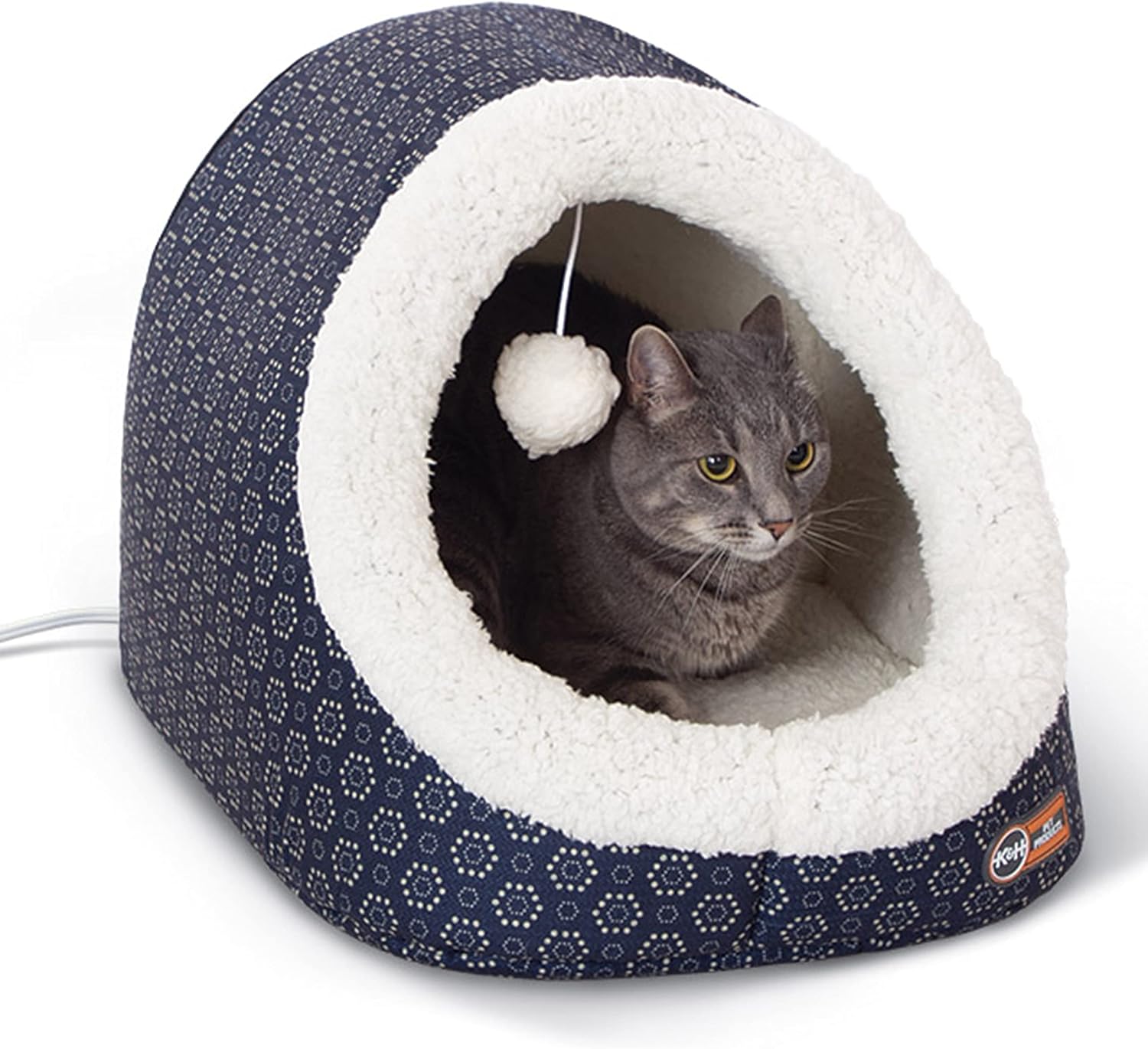 K&H Heated Cat Bed, Thermo-Pet Cave Indoor, Safety Listed, 4W, Navy/Geo Navy/Geo Flower