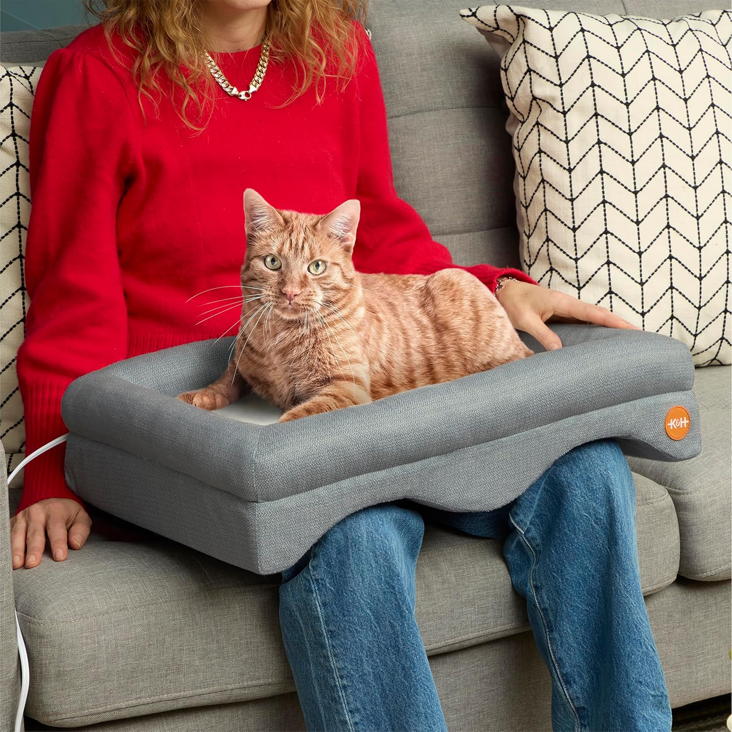 K&H Heated Cat Bed, Thermo Pet Pillow Indoor Heated Lap Bed, Gray 23x15in