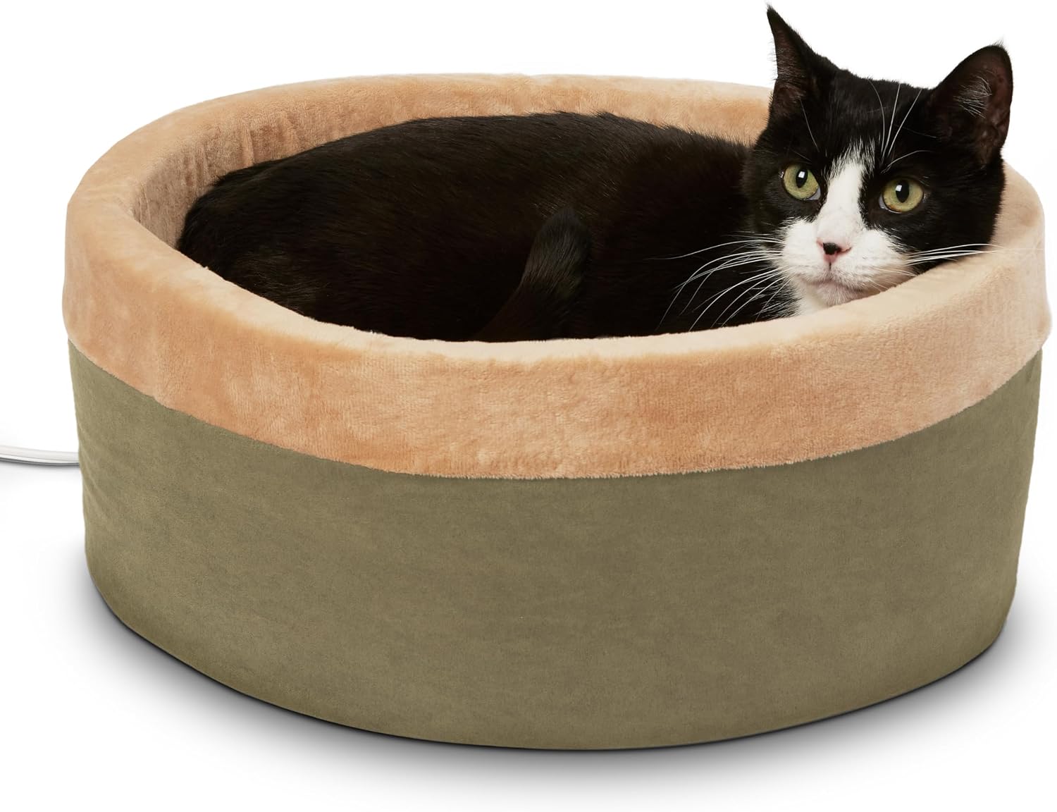 K&H Heated Cat Bed, Thermo-Kitty Bed Indoor, Safety Listed, Small 16in, 4W Sage/Tan