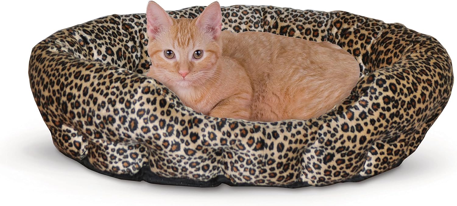 K&H Cat Bed, Self-Warming Nuzzle Nest, No Electric Needed, 19in Leopard/Tan