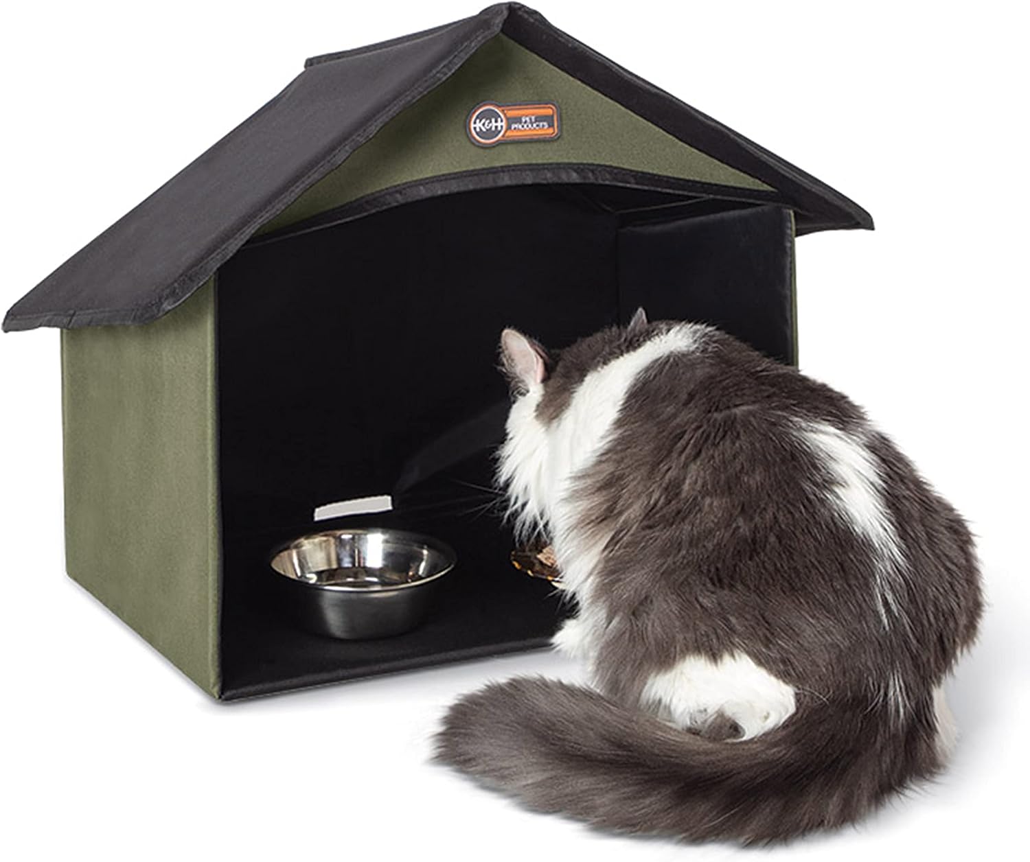 K&H Outdoor Cat Dining Room, Covered Outdoor Feeding Station Shelter, Olive