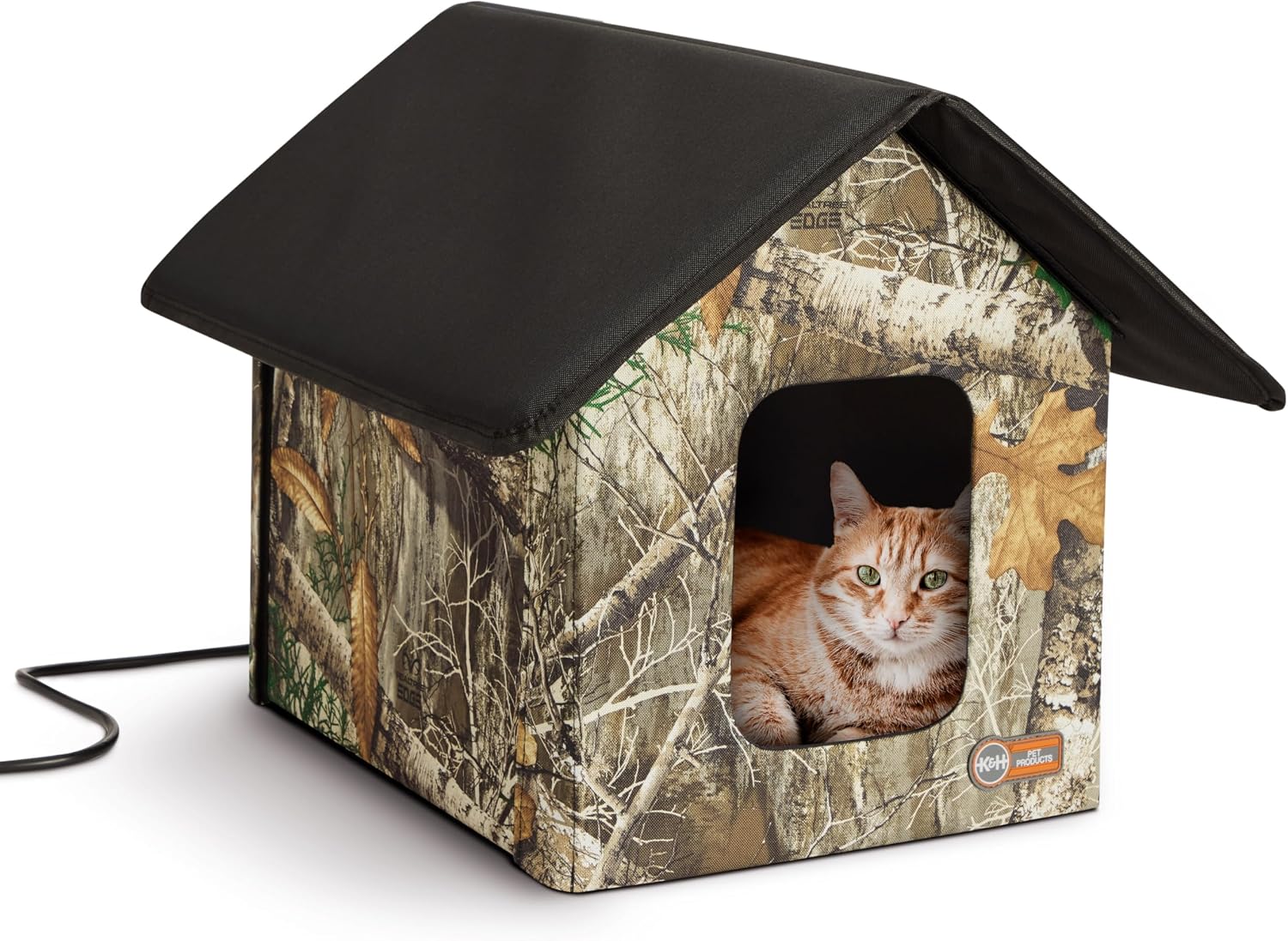 K&H Heated Cat House, Outdoor Kitty Shelter, Safety Listed, 20W, Camo Camo/Black