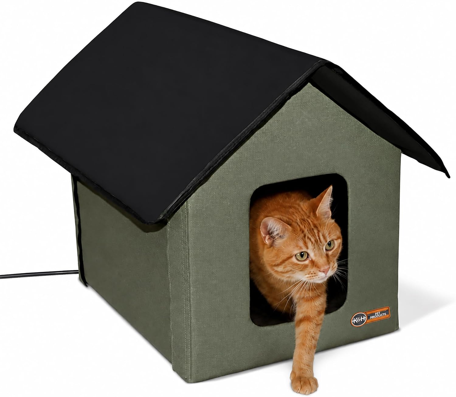 K&H Heated Cat House, Outdoor Kitty Shelter, Safety Listed, Olive/Black