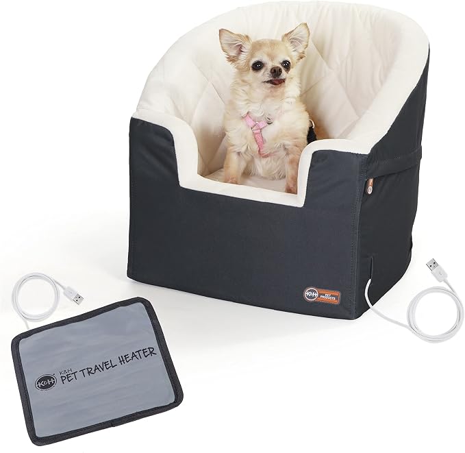 K&H Pet Products Bucket Booster Washable Medium and Small Dog Car Seat with Dog Seat Belt for Car, Sturdy Booster Seats, 2 Safety Leashes Charcoal/Cream