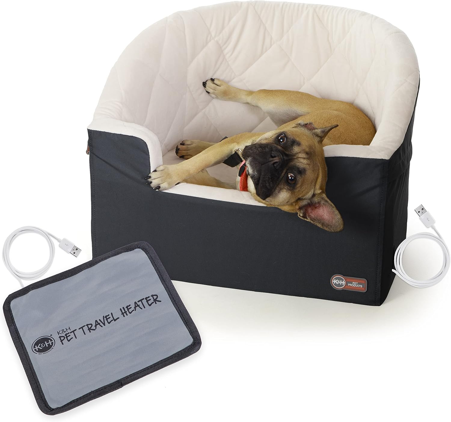 K&H Bucket Booster Dog Car Seat for Small to Medium Dogs, Heated, Charcoal Charcoal/Cream