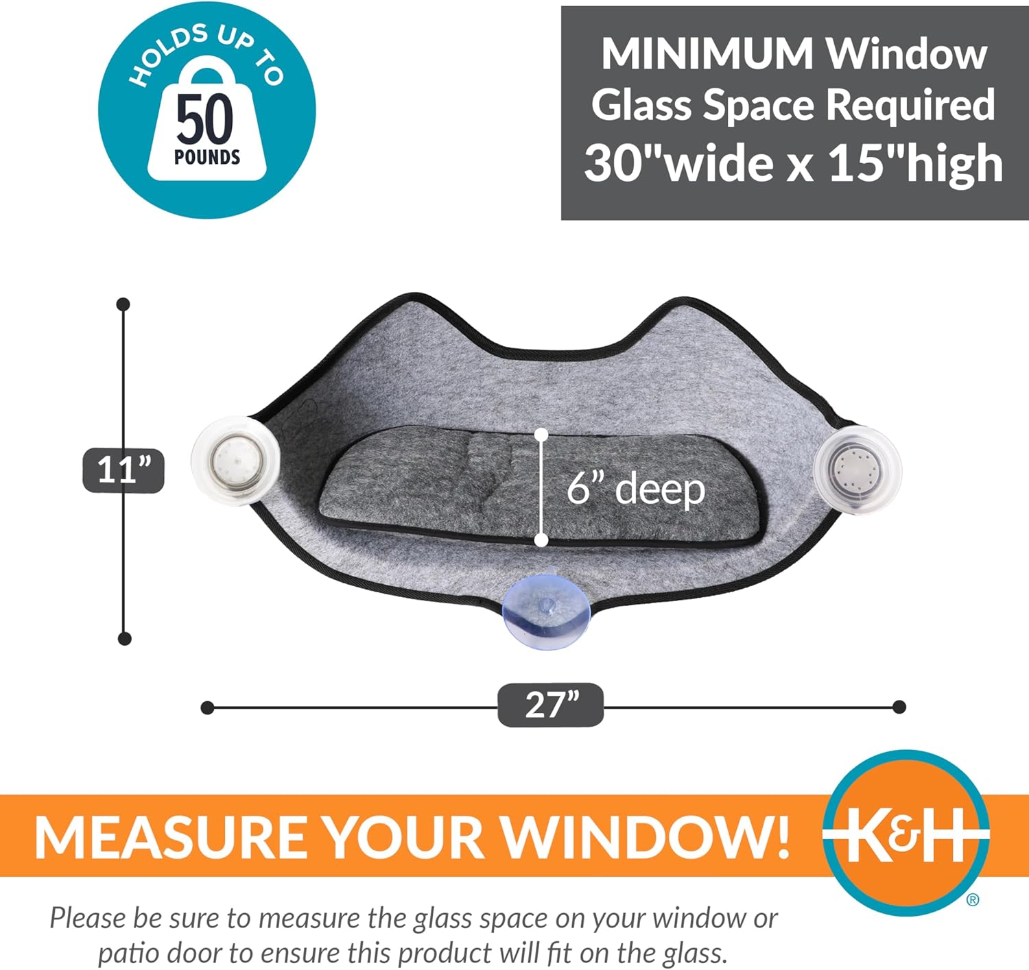 K&H Cat Window Perch Bed, EZ Mount Kitty Face, 27x11x6in, Gray