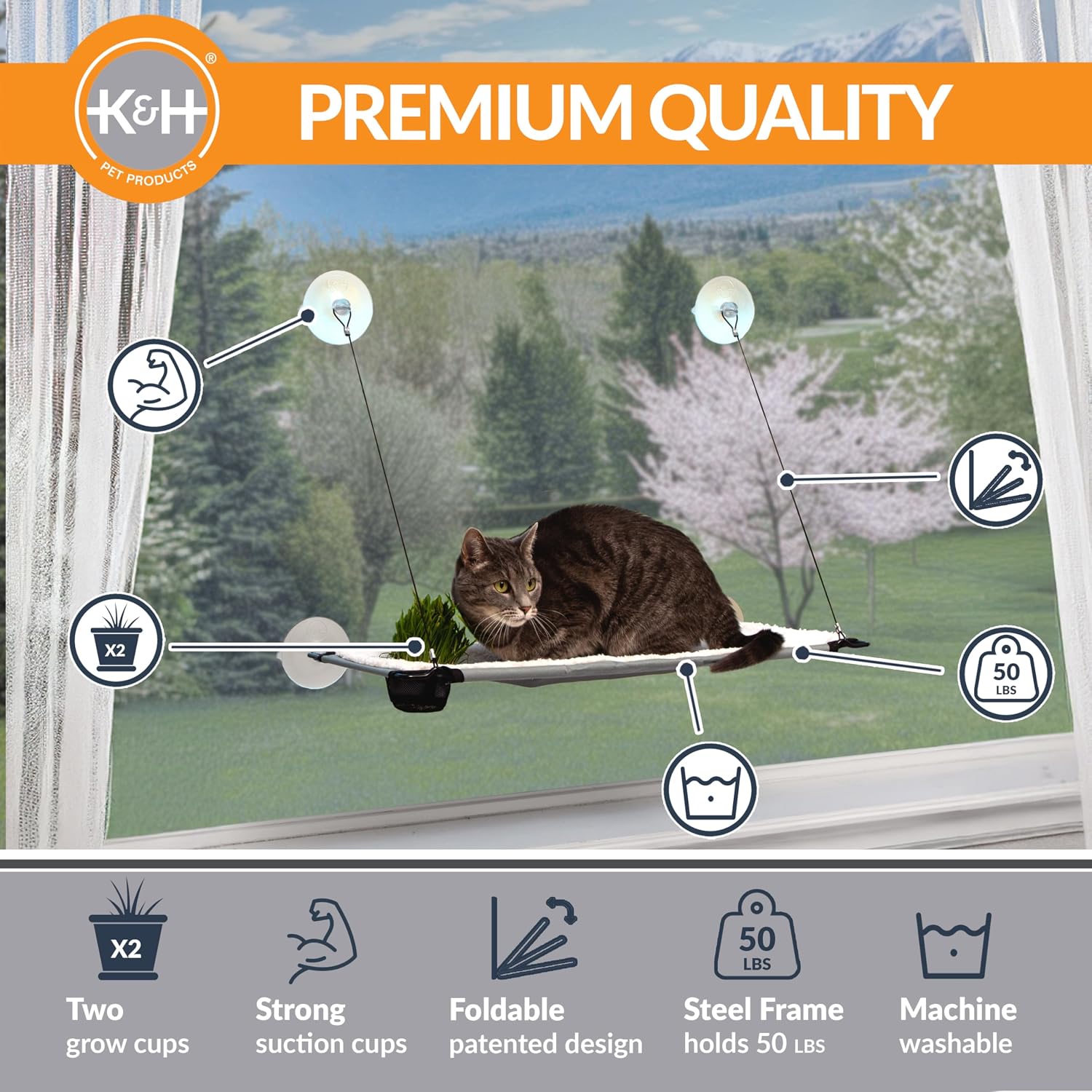 K&H Cat Window Perch, Window Lounger with Oat Grass Grow Station - 23x12in