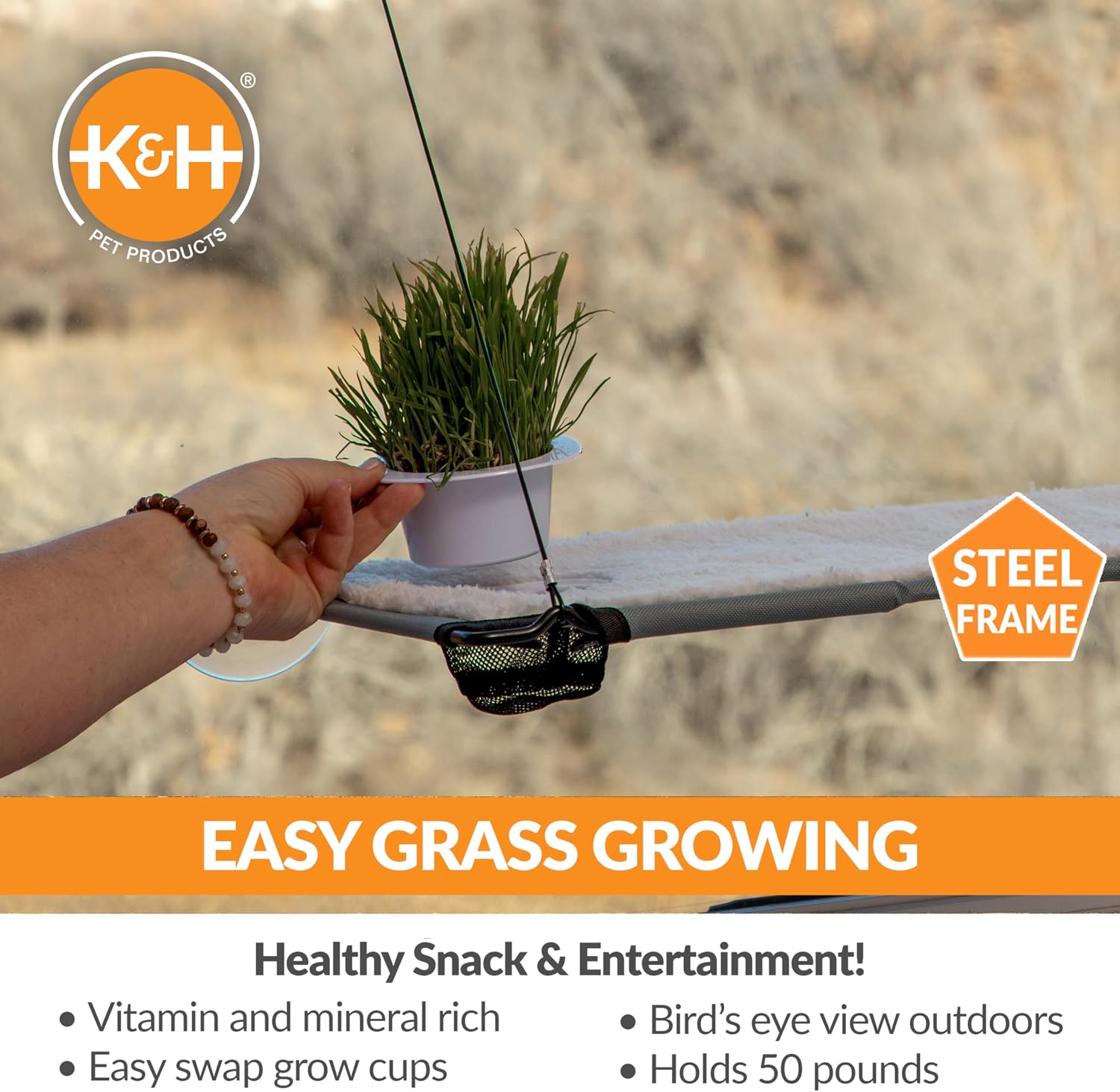 K&H Cat Window Perch, Window Lounger with Oat Grass Grow Station - 23x12in