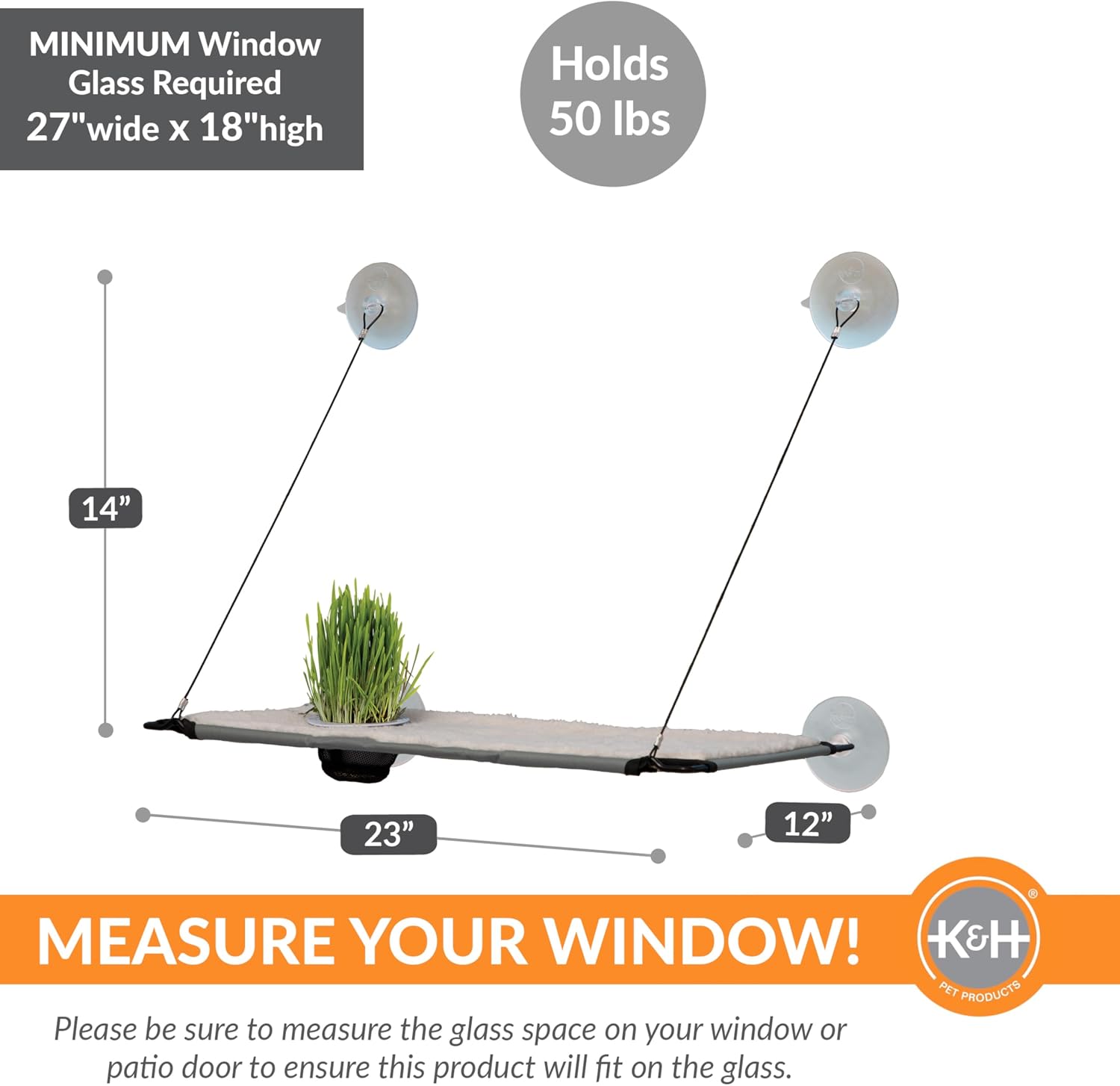 K&H Cat Window Perch, Window Lounger with Oat Grass Grow Station - 23x12in