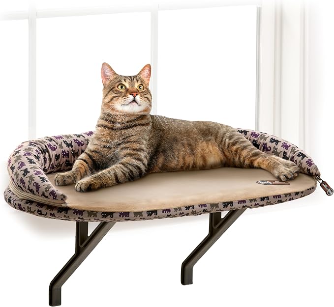 K&H PET PRODUCTS Deluxe Kitty Sill with Removable Bolster Tan/Kitty Print 14 X 24 Inches