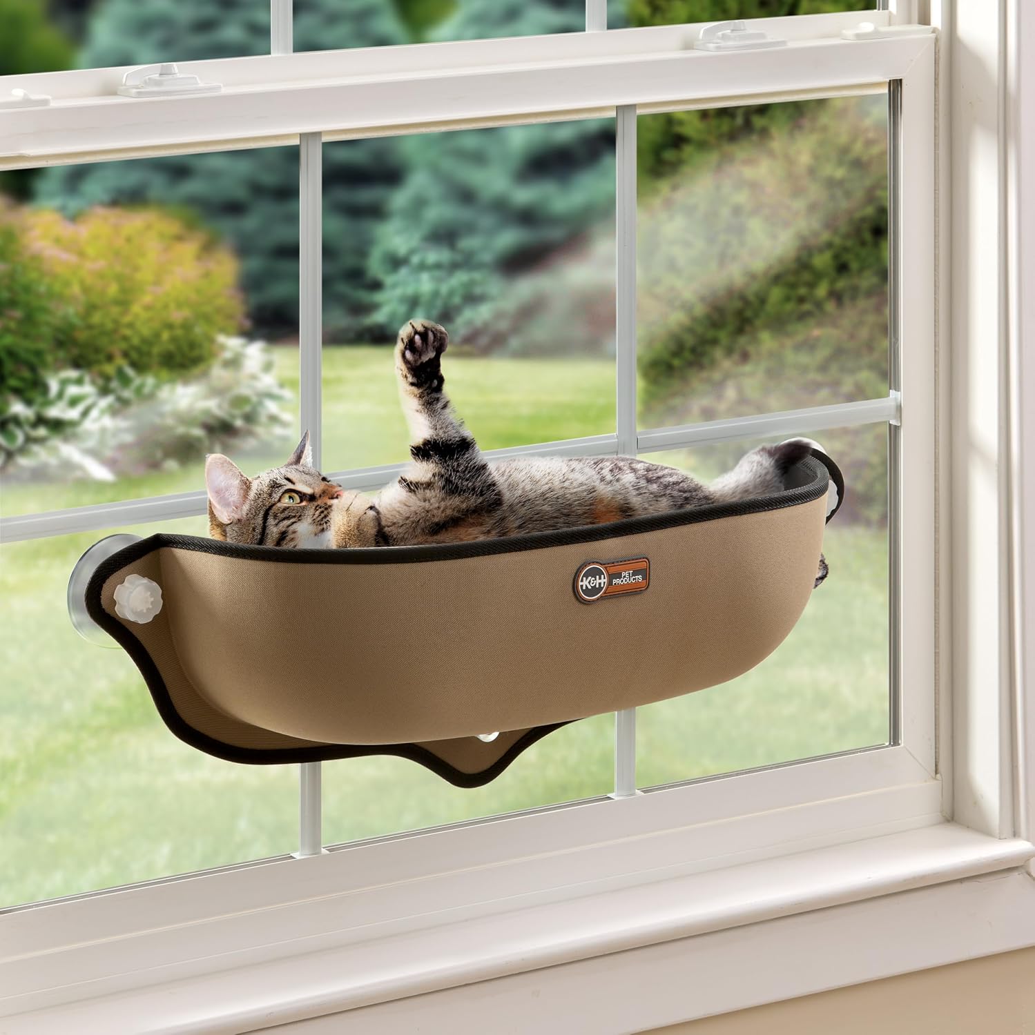 K&H Pet Products EZ Mount Cat Window Perch Bed, Sturdy Cat Window Hammock with Strong Suction Cups, Tool-Free Assembly, Washable Sleeping Pad, Fits 27"W X 11"H Glass Spaces - Tan