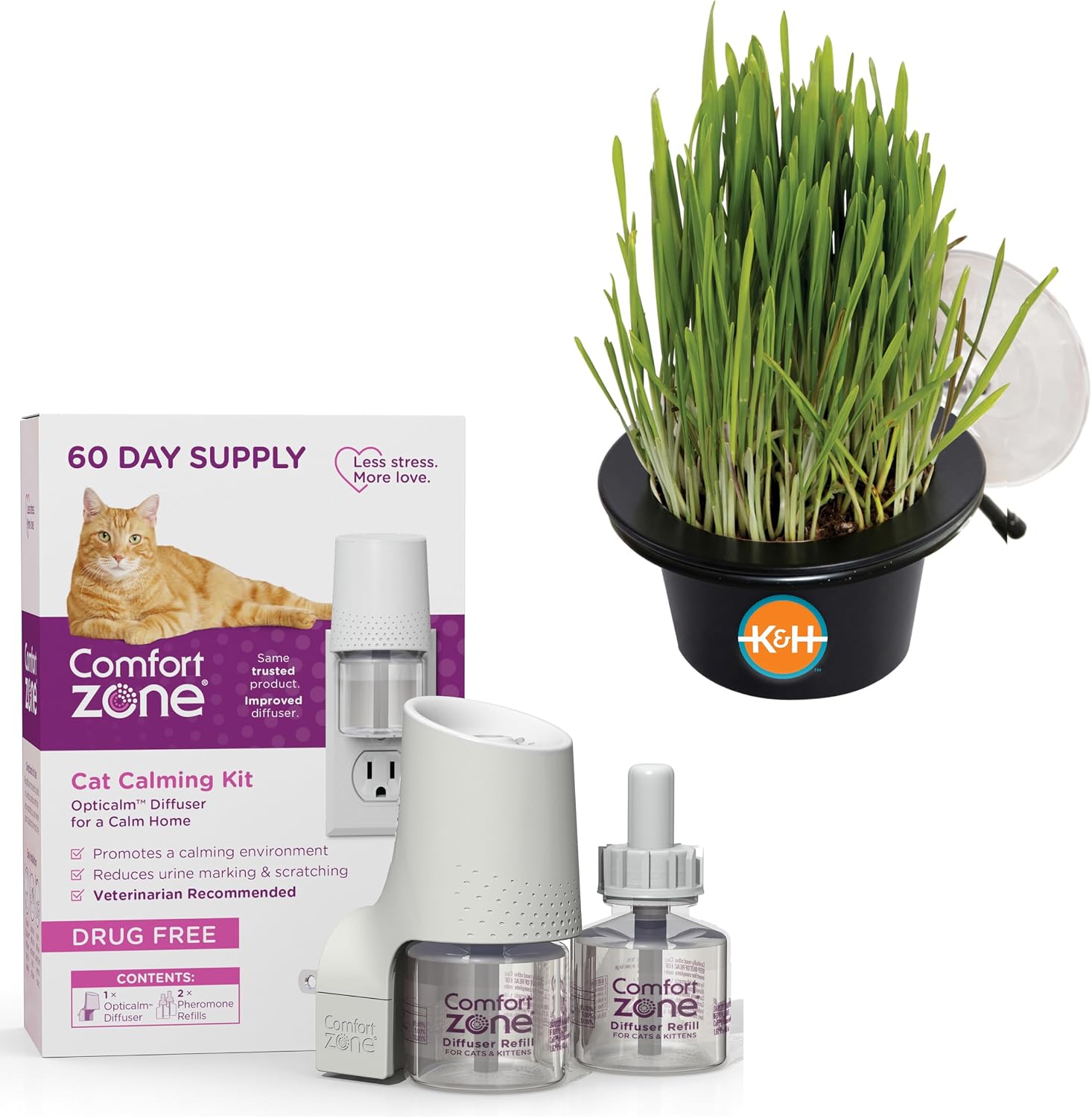 K&H Pet Products EZ Mount Cat Grass Growing Station with 1 Refill & Comfort Zone 60 Day Cat Calming Diffuser Starter Kit with 2 Refills